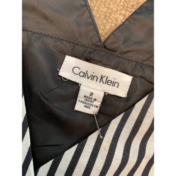 Calvin Klein Dress Womens 2 Sleeveless Fit & Flare Silk V-Neck Black Striped - Picture 6 of 8